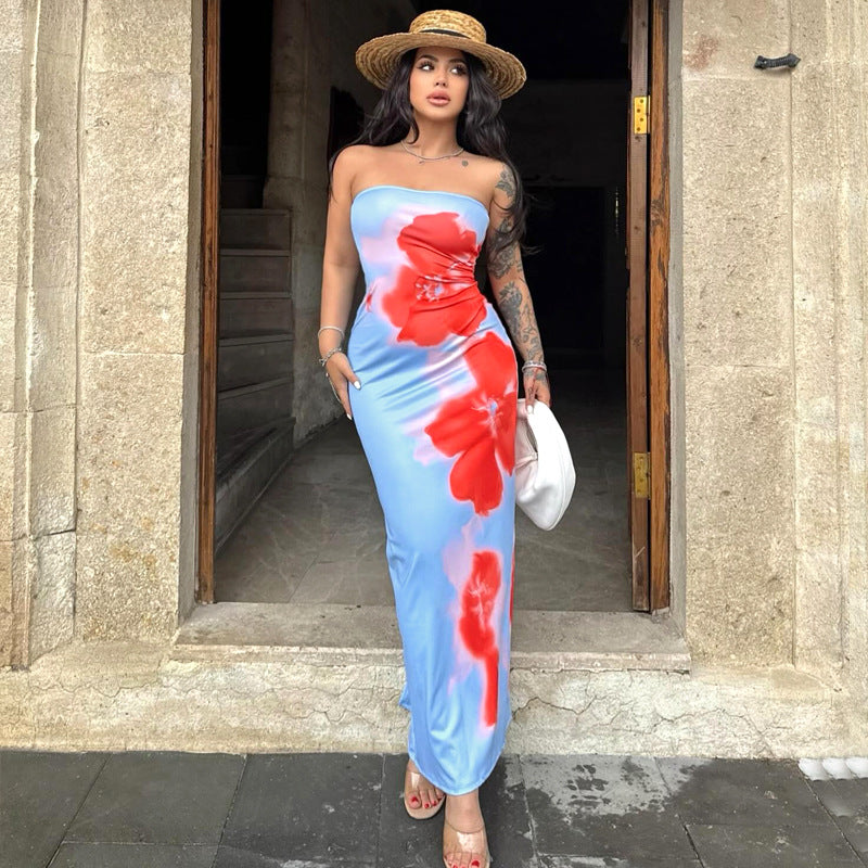 Vestido largo de verano con escote tubo y estampado floral, ajustado y abertura en la cintura para mujer