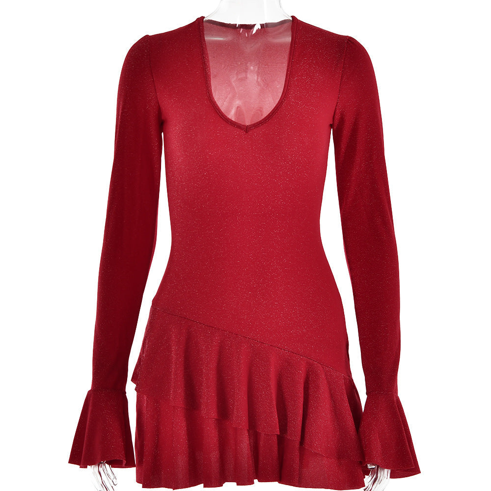 Vestido de otoño con escote en V profundo para mujer, mangas acampanadas, ajustado y sexy