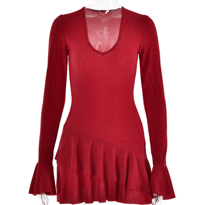 Vestido de otoño con escote en V profundo para mujer, mangas acampanadas, ajustado y sexy