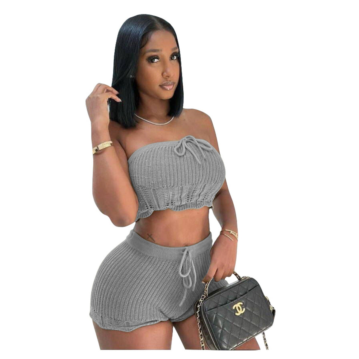 Conjunto de dos piezas de top y pantalones cortos de punto para mujer