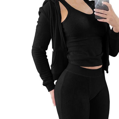 Conjunto de tres piezas de chaleco con capucha de felpa para otoño e invierno de International Station para mujer