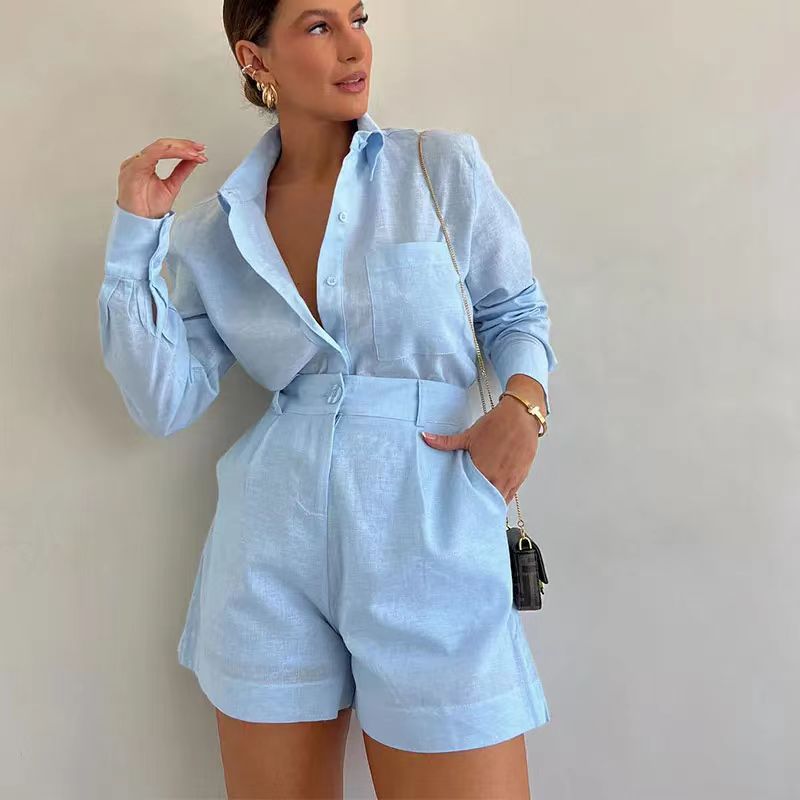 Conjunto de camisa de manga larga y pantalones cortos casuales para mujer