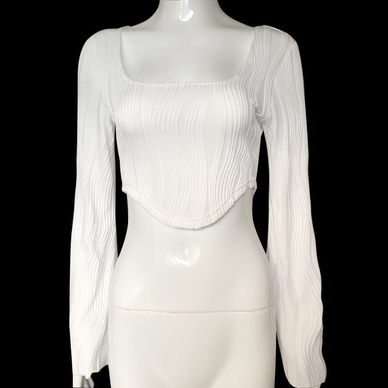 Spring Patchwork Flared Long Sleeve U Neck Sexy Short Top Women