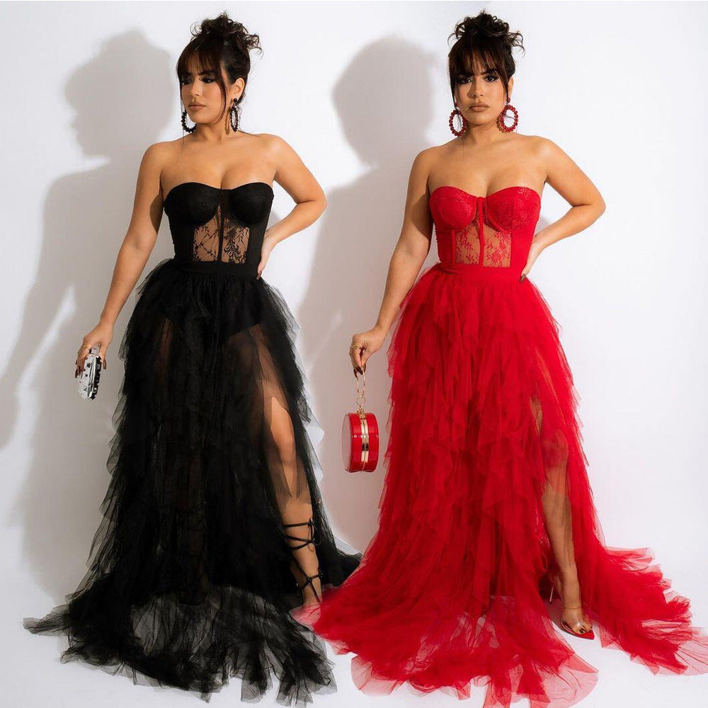 Vestido sexy de malla transparente con encaje que envuelve el pecho