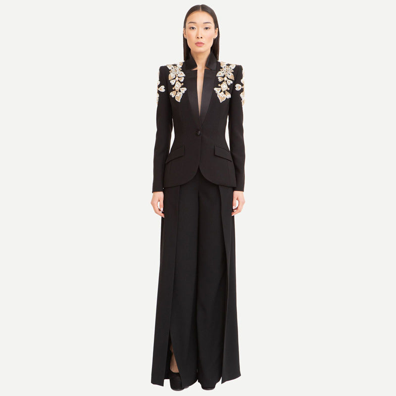 Star Exquisite Rhinestone Beaded Stand Collar Blazer Split Trousers Suit