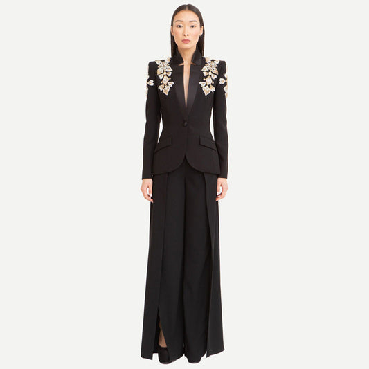 Blazer con cuello alto y cuentas de diamantes de imitación, pantalón dividido, traje
