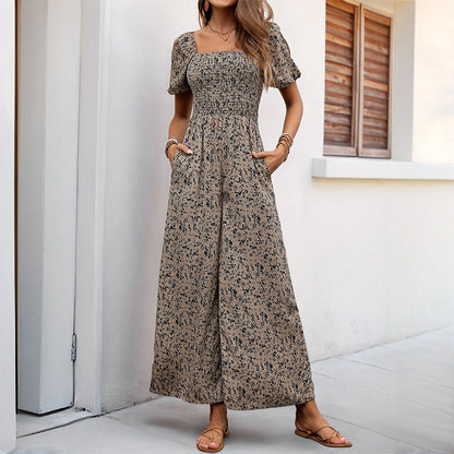 Mono de verano para mujer, cuello cuadrado, mangas abullonadas, pantalones de pierna ancha, mono estampado