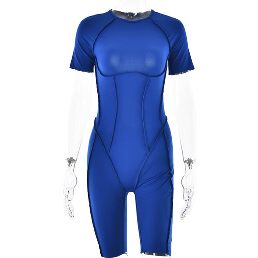 Mono ajustado de cintura alta sin espalda de color sólido de manga corta sexy informal para mujer