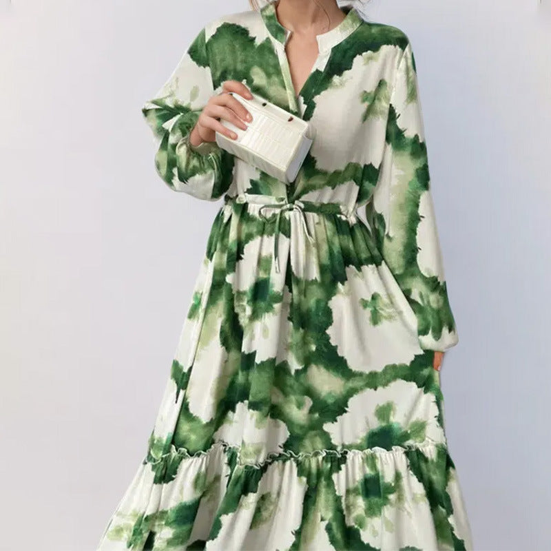 Vestido vintage con estampado de manga farol y cintura ajustada con dobladillo grande para mujer