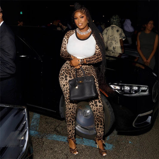 Fall Leopard Splicing Slim Fit Sexy Sexy Cropped Long Sleeve Top Trousers Two Piece Sets