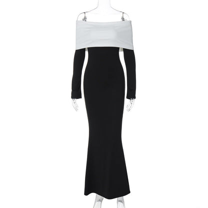 Vestido largo adelgazante de manga larga con hombros descubiertos y contraste de colores para mujer Otoño Invierno