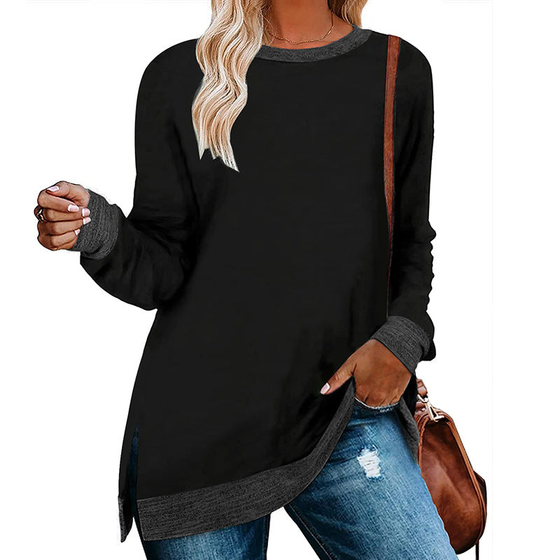 Camiseta informal holgada de manga larga con cuello redondo y abertura multicolor para mujer