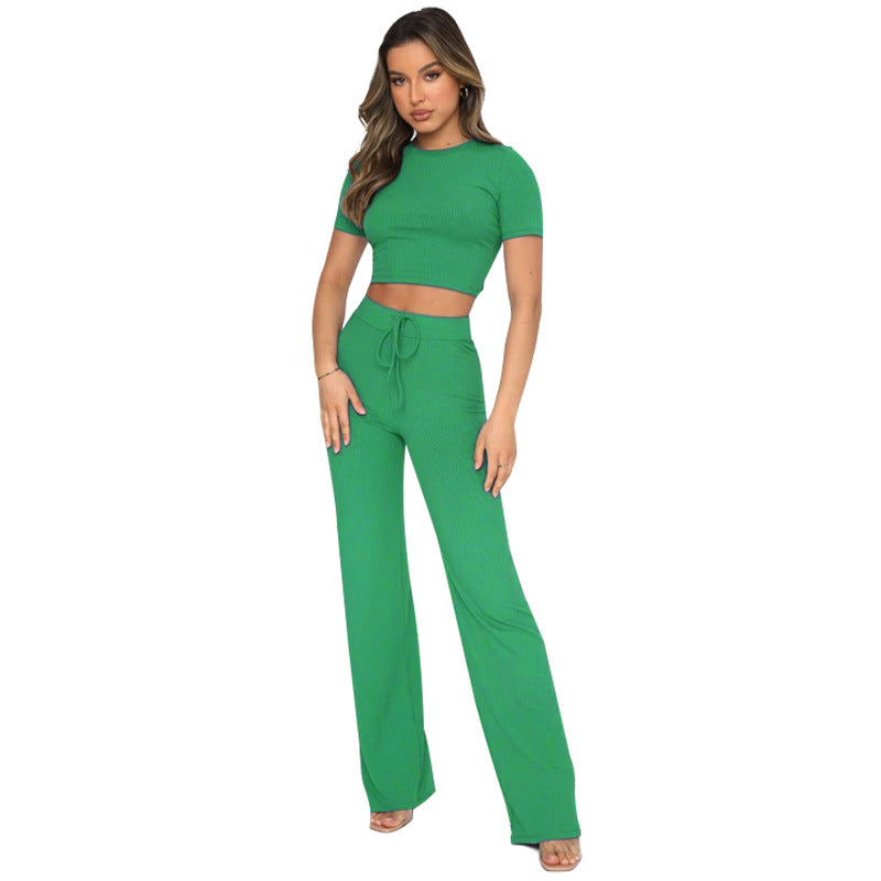 Conjunto informal de dos piezas para mujer, color liso, muy elástico, moldeador corporal, manga corta, rayas hundidas, pantalones de pierna ancha