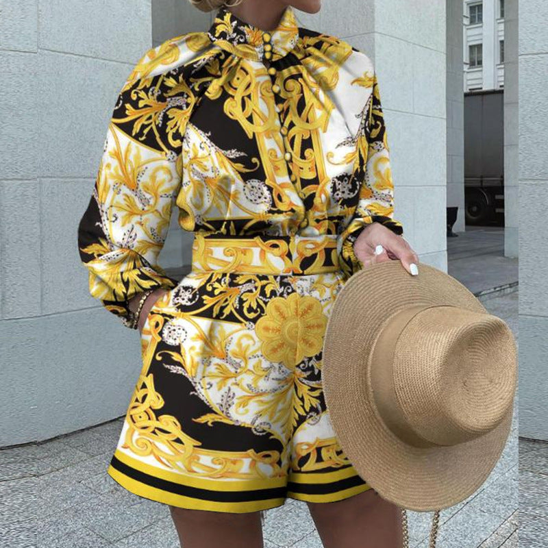 Conjunto de dos piezas formado por camiseta y pantalón corto de manga larga y estampado para mujer, otoño e invierno
