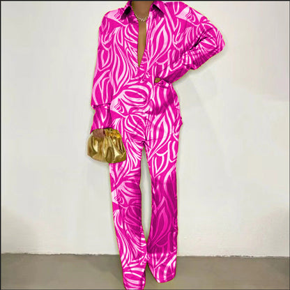 Traje de dos piezas para mujer, camisa informal de manga larga con estampado, pantalones holgados, otoño e invierno