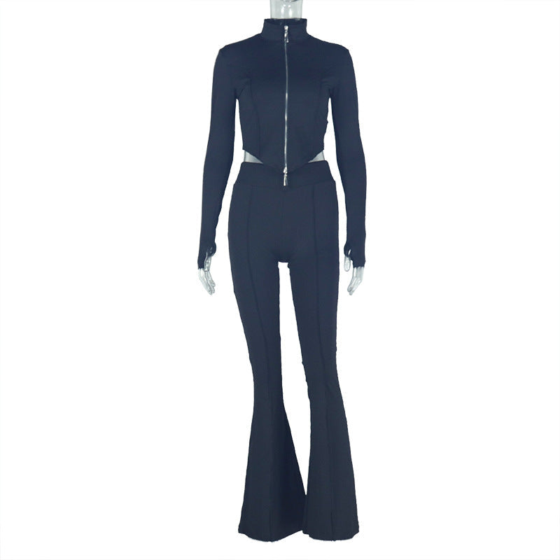 Conjunto de dos piezas formado por blusa corta, pantalón, manga larga, cuello alto, holgado, color liso, plisado y con cremallera para mujer