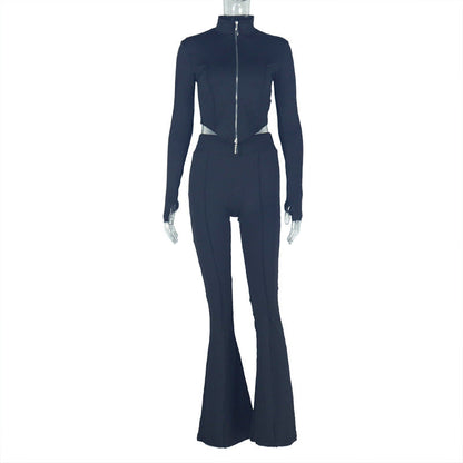 Conjunto de dos piezas formado por blusa corta, pantalón, manga larga, cuello alto, holgado, color liso, plisado y con cremallera para mujer
