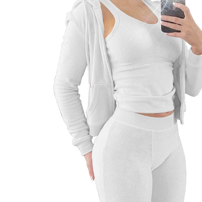 Conjunto de tres piezas de chaleco con capucha de felpa para otoño e invierno de International Station para mujer