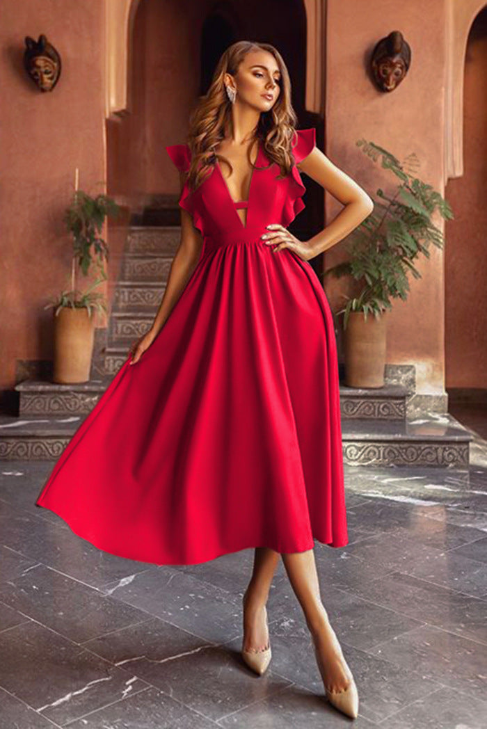 Vestido de mujer multicolor sexy con escote en V profundo y vuelo grande