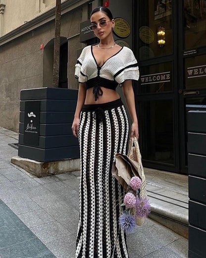 Conjunto de falda de punto a rayas con escote en V y aberturas para mujer, ropa de verano