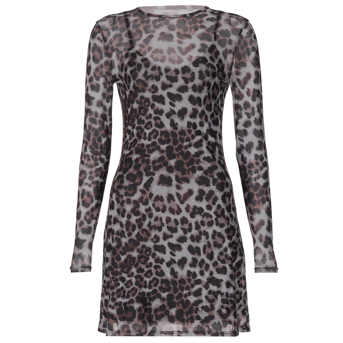 Vestido de malla transparente con estampado de leopardo y personalidad de otoño para mujer
