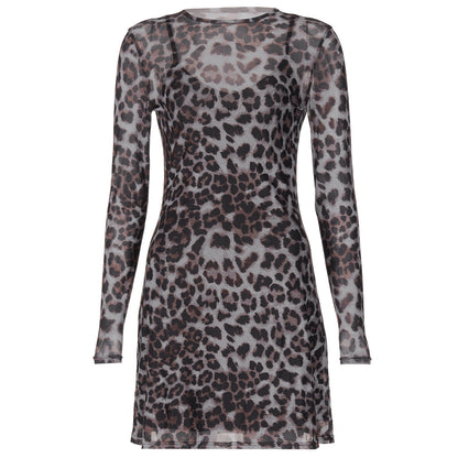 Vestido de malla transparente con estampado de leopardo y personalidad de otoño para mujer