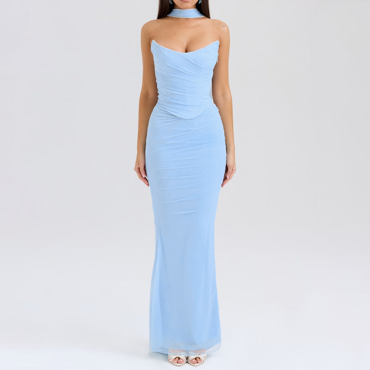 Vestido sexy con corsé deshuesado, top de tubo, falda ajustada, conjunto de falda larga, conjunto de otoño de dos piezas de alta calidad con bufanda