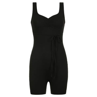Mono deportivo informal de calle de color sólido con cuello cuadrado, abertura cruzada, espalda descubierta, con cordones, para yoga y fitness, pantalones de una pieza
