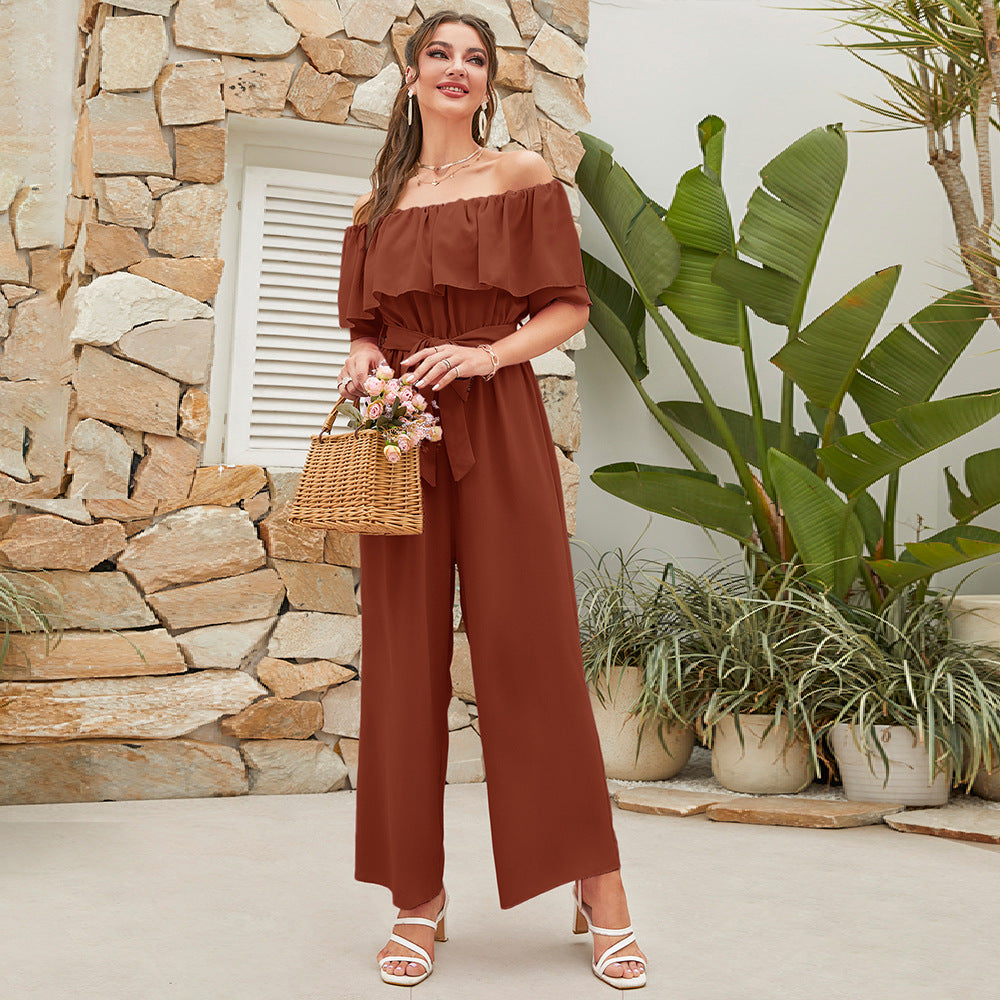 Pantalones anchos de pierna con cordones y mangas con volantes y hombros descubiertos para mujer