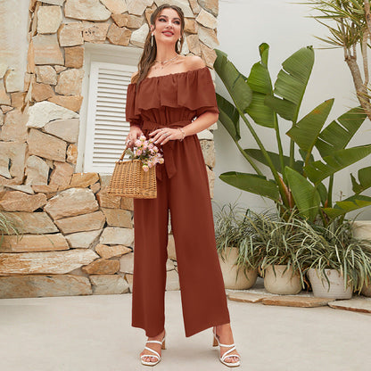 Pantalones anchos de pierna con cordones y mangas con volantes y hombros descubiertos para mujer