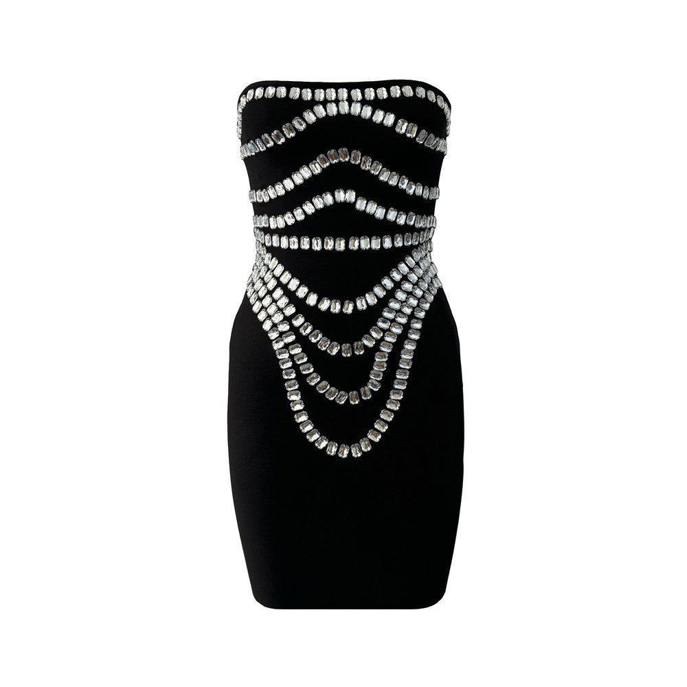 Vestido de fiesta ajustado de una pieza con hombros descubiertos, sexy, con cuentas y diamantes de imitación, hecho a mano, para reuniones de noche
