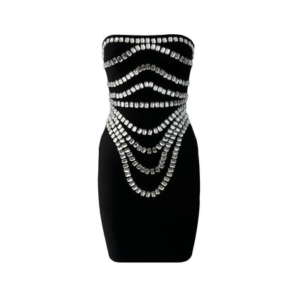 Vestido de fiesta ajustado de una pieza con hombros descubiertos, sexy, con cuentas y diamantes de imitación, hecho a mano, para reuniones de noche