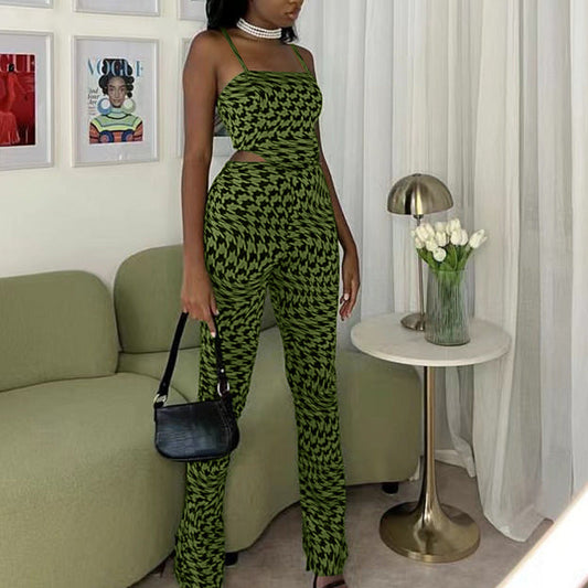 Traje verde estampado chaleco pantalones anchos traje casual de dos piezas