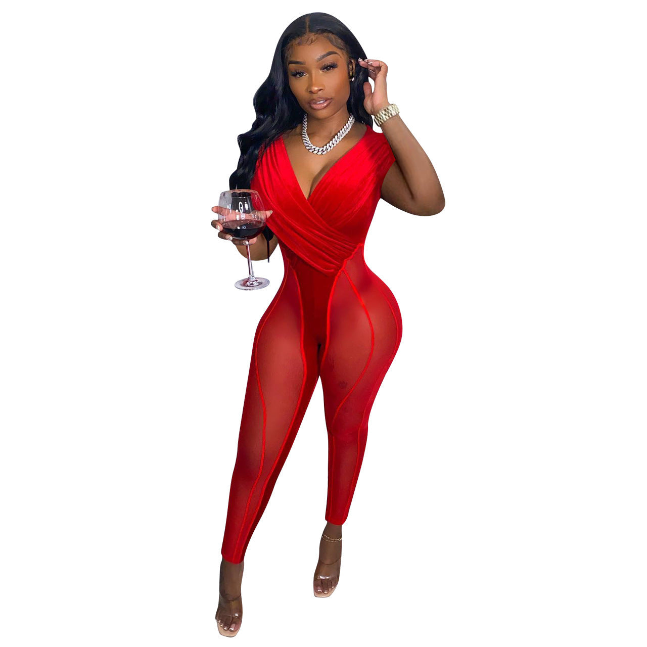 Women Clothing Spring Summer Arrival Supply Mesh Velvet Stitching Jumpsuit
