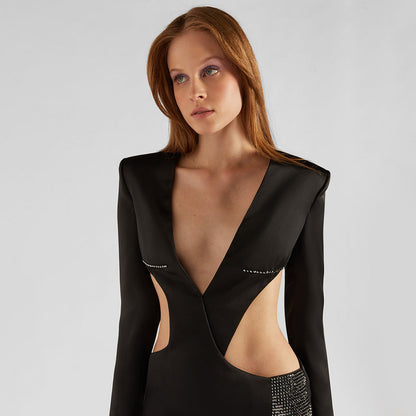 Vestido negro de otoño e invierno con cortes de diamantes de imitación, manga larga, corte entallado y abertura, sexy