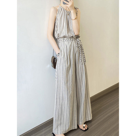 Traje retro informal a rayas para mujer, conjunto de dos piezas con top con tirantes y pantalones de pierna ancha para verano
