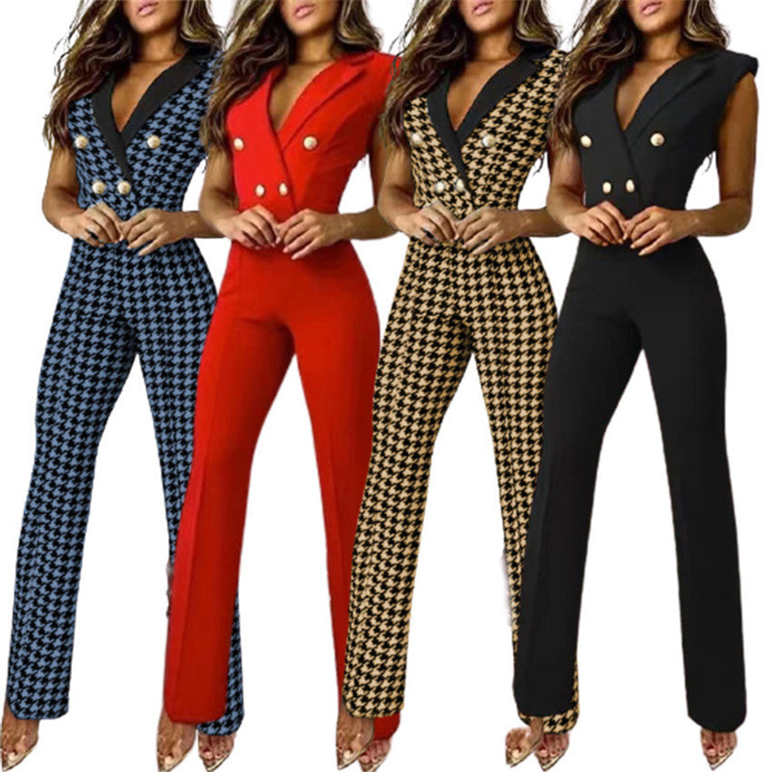 Mono de pata de gallo sin mangas con cuello en V y botones a juego para mujer, ropa de negocios para primavera y verano