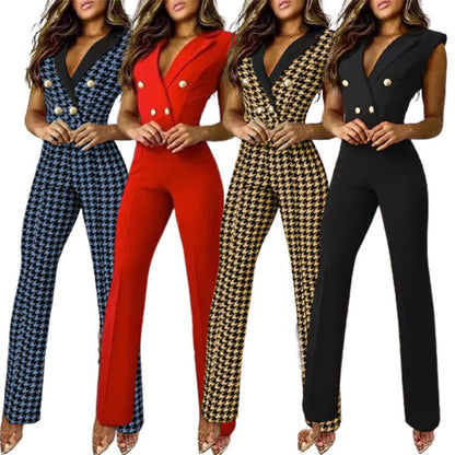 Mono de pata de gallo sin mangas con cuello en V y botones a juego para mujer, ropa de negocios para primavera y verano