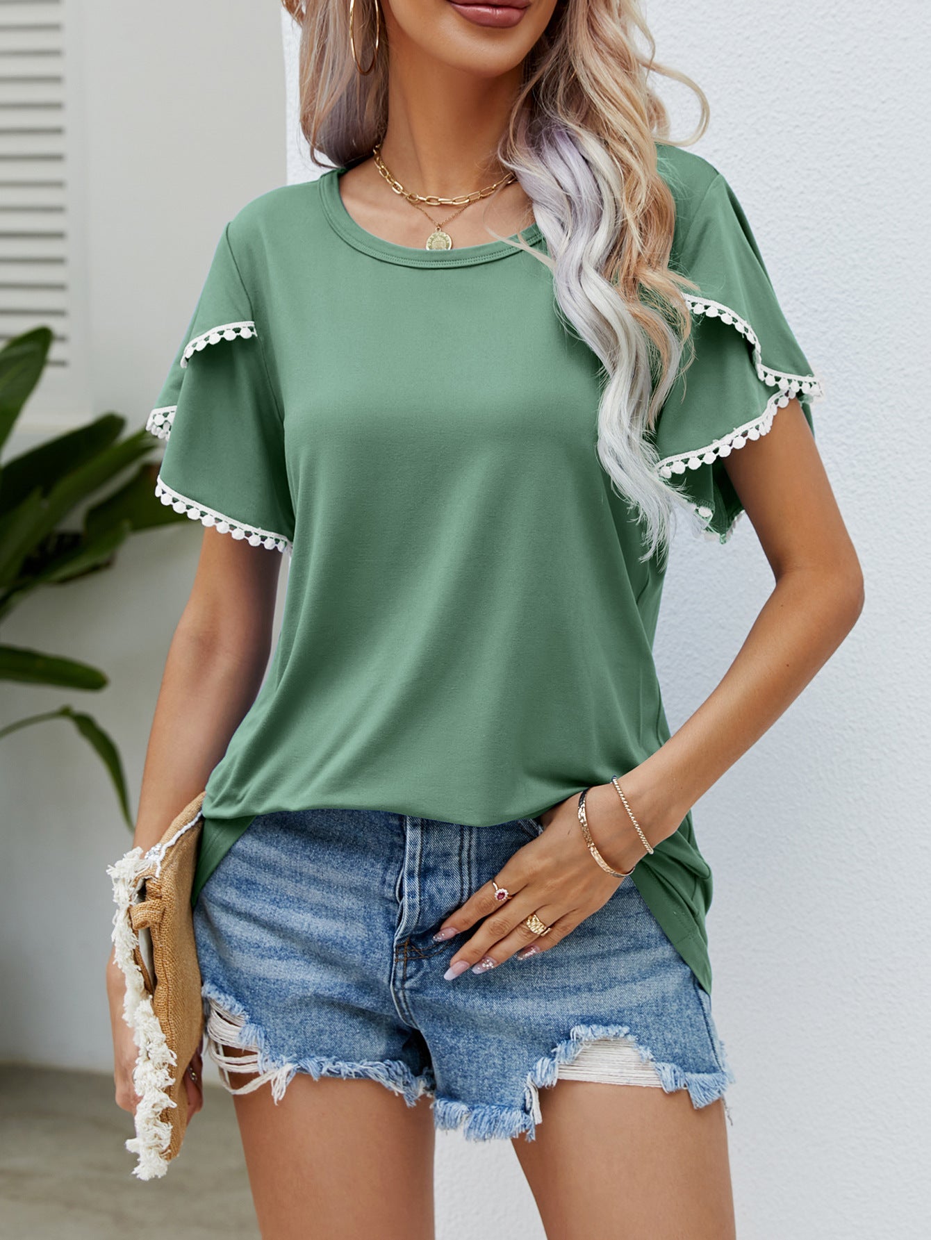 Camiseta informal de verano con cuello redondo y mangas tulipán con borlas para mujer