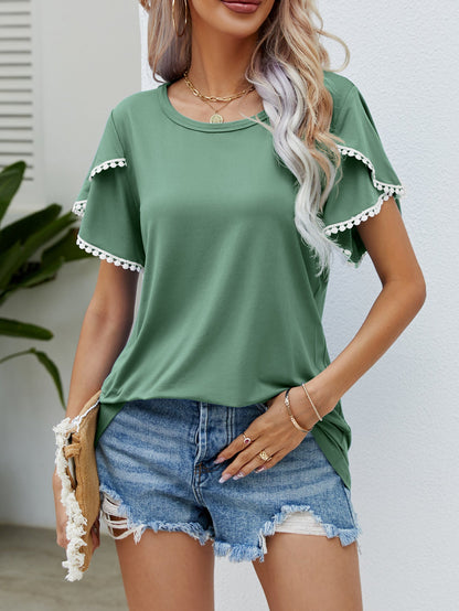 Camiseta informal de verano con cuello redondo y mangas tulipán con borlas para mujer