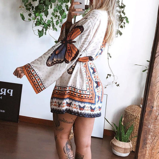 Women Printed Long-Sleeved Waist Women Dress