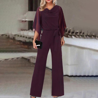 Mono informal de verano de color liso con cintura alta y cordones, pantalones de pierna recta para mujer