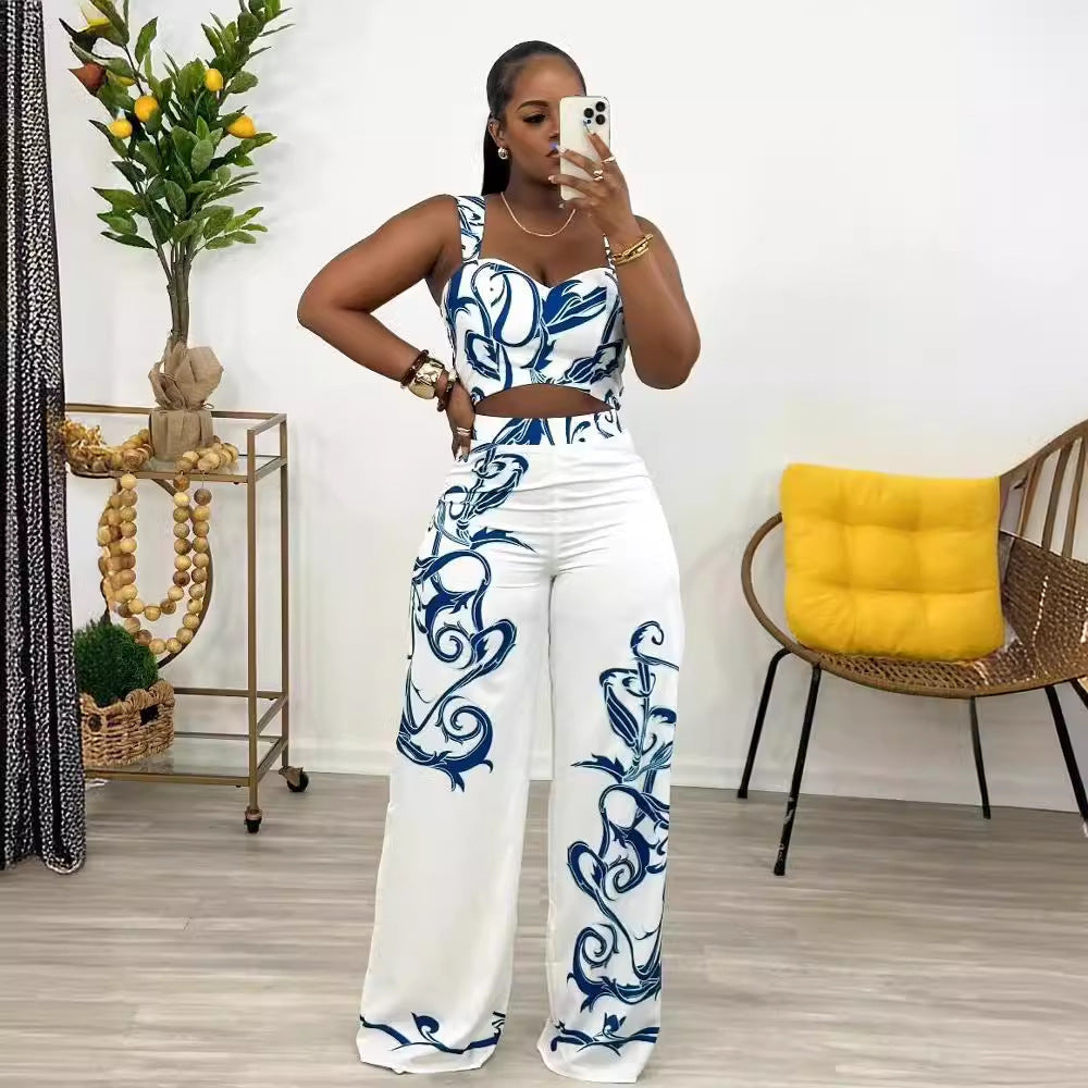 Conjunto de dos piezas de pantalones anchos y cintura alta con tirantes estampados sexys