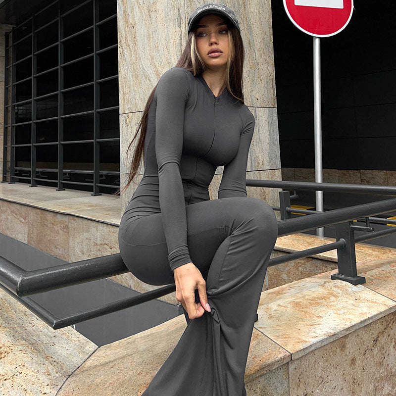 Mono ajustado sexy de manga larga con pantalones acampanados para mujer, otoño e invierno
