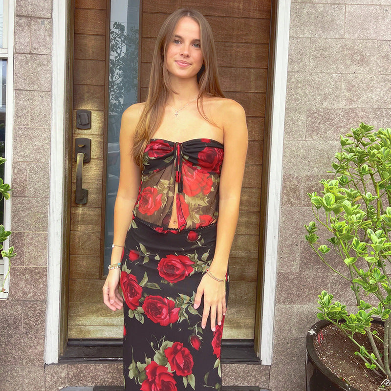 Conjunto de top de tubo con estampado de malla y falda de longitud media para mujer, ropa de verano ajustada para mujer