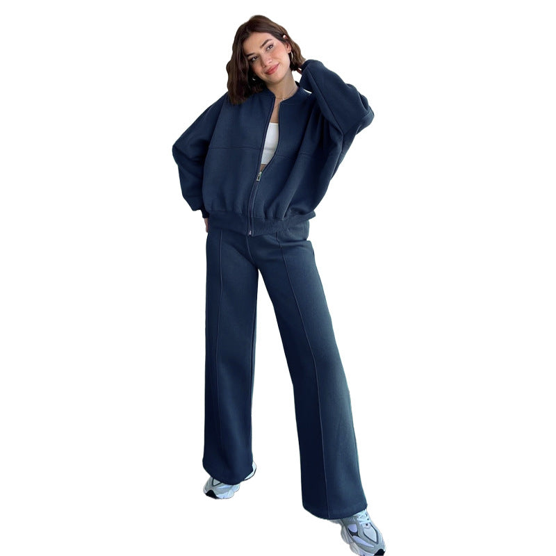 Conjunto de cárdigan con cremallera de color liso para mujer, pantalones rectos informales, otoño e invierno