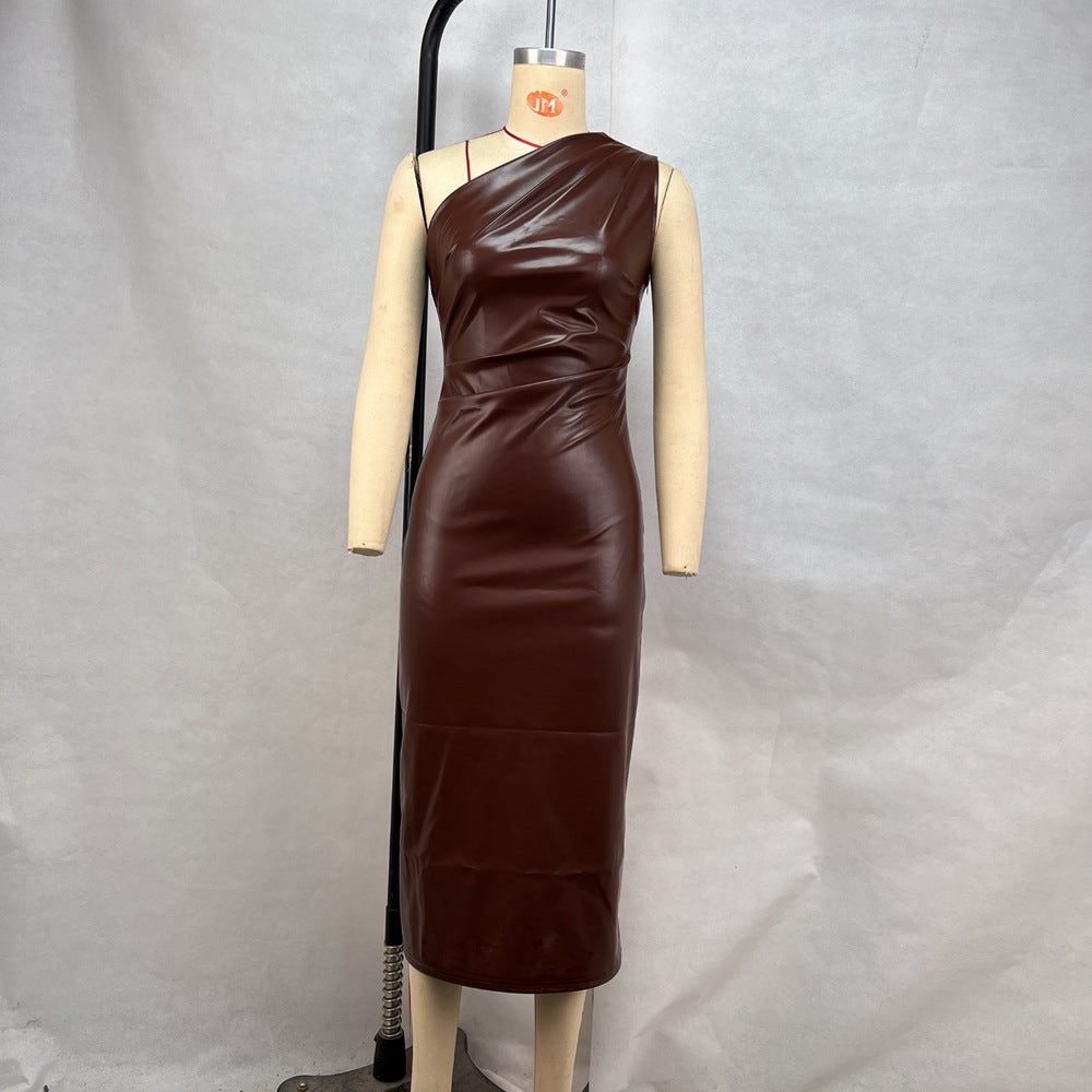 Vestido de mujer de piel sintética con escote en V pronunciado y hombros descubiertos, vestido sexy para discoteca