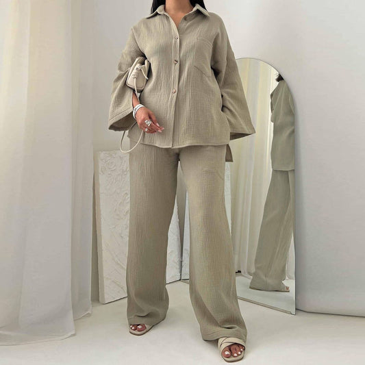 Ropa de mujer Otoño Champray Camisa de manga larga Pantalones de pierna ancha de cintura alta Conjunto
