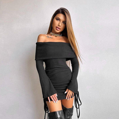 Vestido elegante de otoño para mujer, estilo socialité, sexy, ajustado, con hombros descubiertos y cordón ajustable.