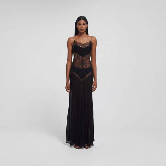Conjunto de dos piezas formado por vestido y tirantes finos, cintura alta, sexy, transparente, para mujer, primavera y verano